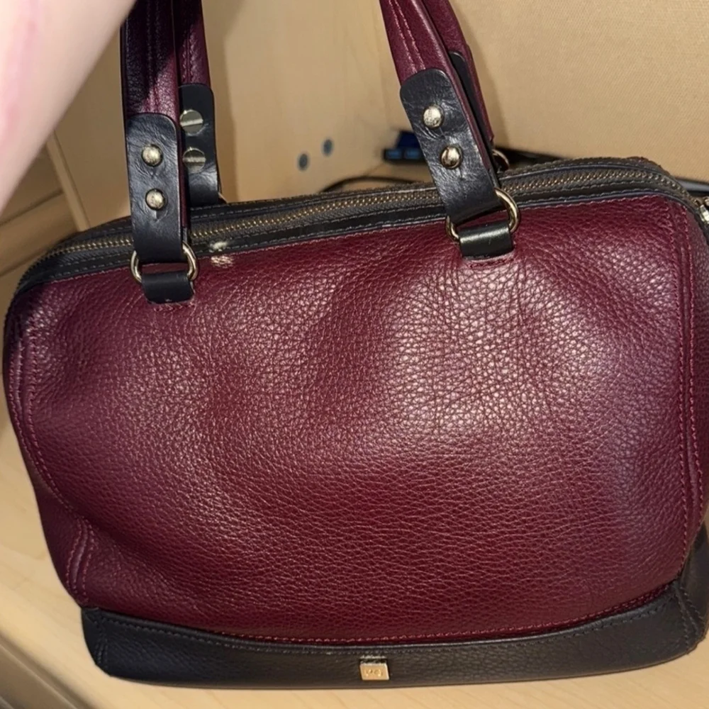 Purificacion Garcia Burgundy and Black Leather Handbag